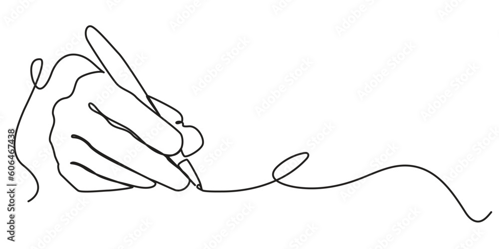 One line hand writing continuous line drawing hand with pen line art illustration - obrazy, fototapety, plakaty 