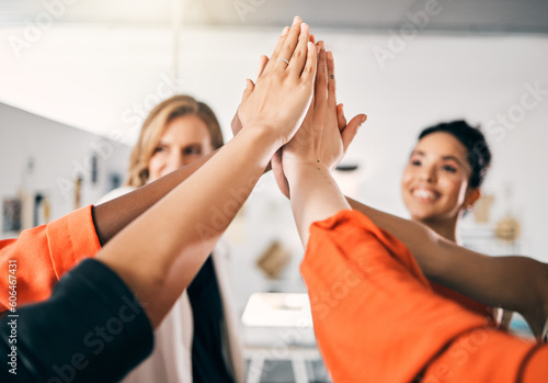 High five, teamwork and business people in meeting celebration, success and collaboration for faith or goals. Solidarity, winning and happy group of women, hands together and team support in office