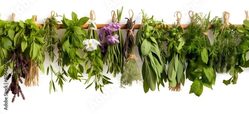 Detailed view of a variety of Mediterranean herbs hanging, commercial food photography, panel composition mastery, white background, excellent blog or website background, Generative AI, Generative, KI