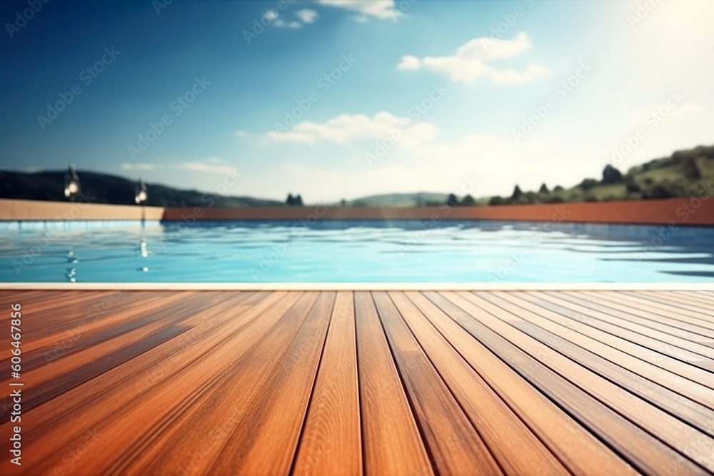 Fototapeta premium Empty wooden deck with swimming pool , Beautiful minimalist pool side view with blue sky. Generative Ai.