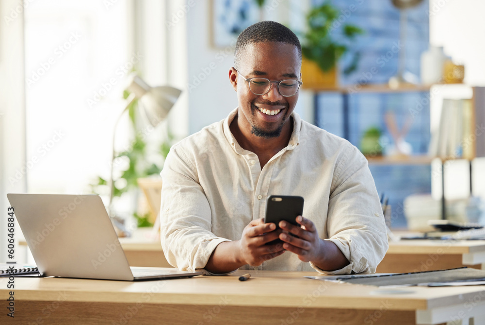 African business man, texting and phone in office with smile, connection and meme on social media app. Happy black businessman, typing and smartphone for networking, contact and reading blog on web - obrazy, fototapety, plakaty 