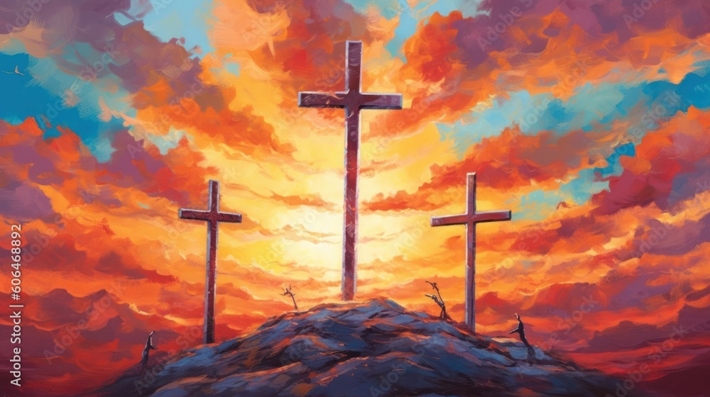 3 Crosses with background of Sunset
