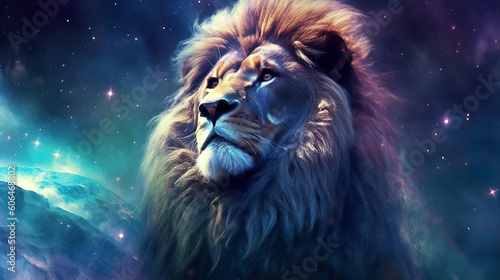 Astrology, alchemy and magic symbol. Meditating with lion horoscope sign. Generative Ai.