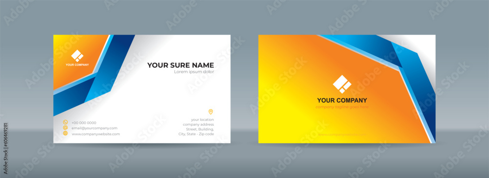 Set of double sided business card templates with simple folded blue ribbon on white yellow gradation background