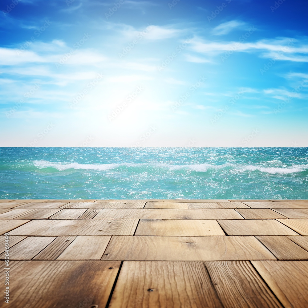 AI Generated empty wood table top on summer blue sea ocean and sky background. Generative AI. AI Generated empty wood table top on summer blue sea ocean and sky background. Generative AI.