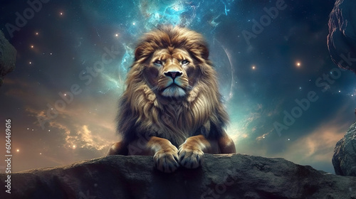 Astrology  alchemy and magic symbol. Meditating with lion horoscope sign. Generative Ai.
