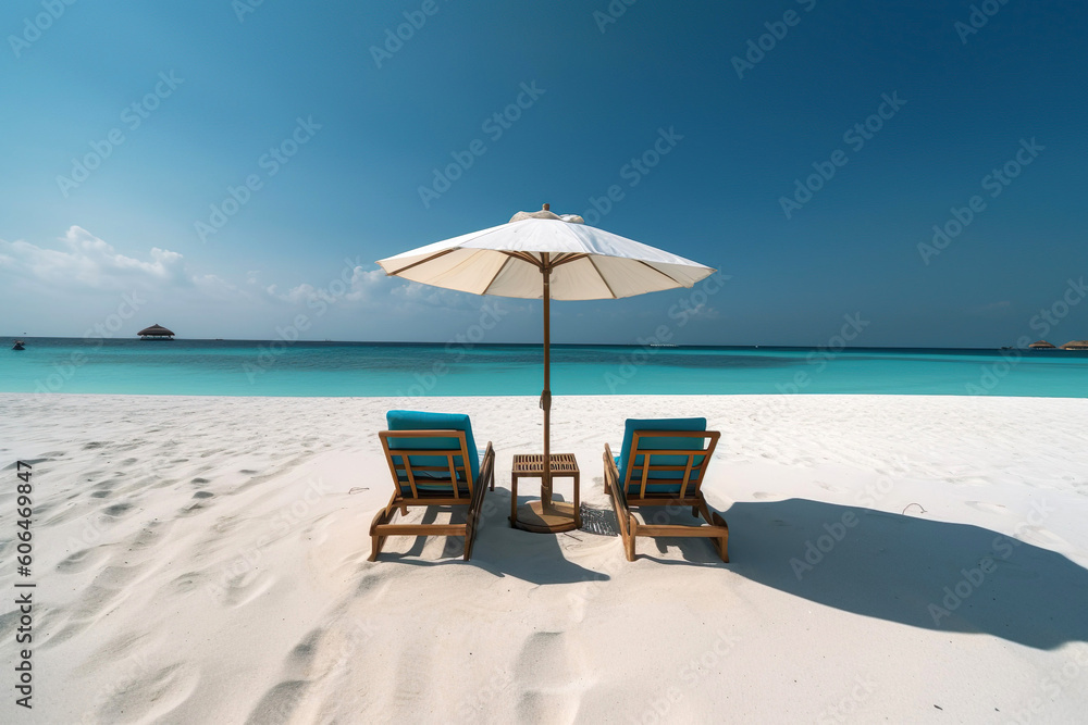 Amazing beach landscape. White sand, chairs and umbrella travel tourism wide panorama background. Generative Ai.