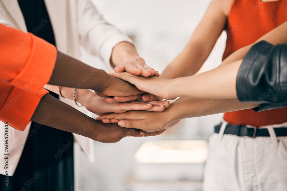 Hands together, support and group of people with teamwork, collaboration goals and community or solidarity in zoom. Diversity women, circle and team work, faith or stacked sign for project or startup