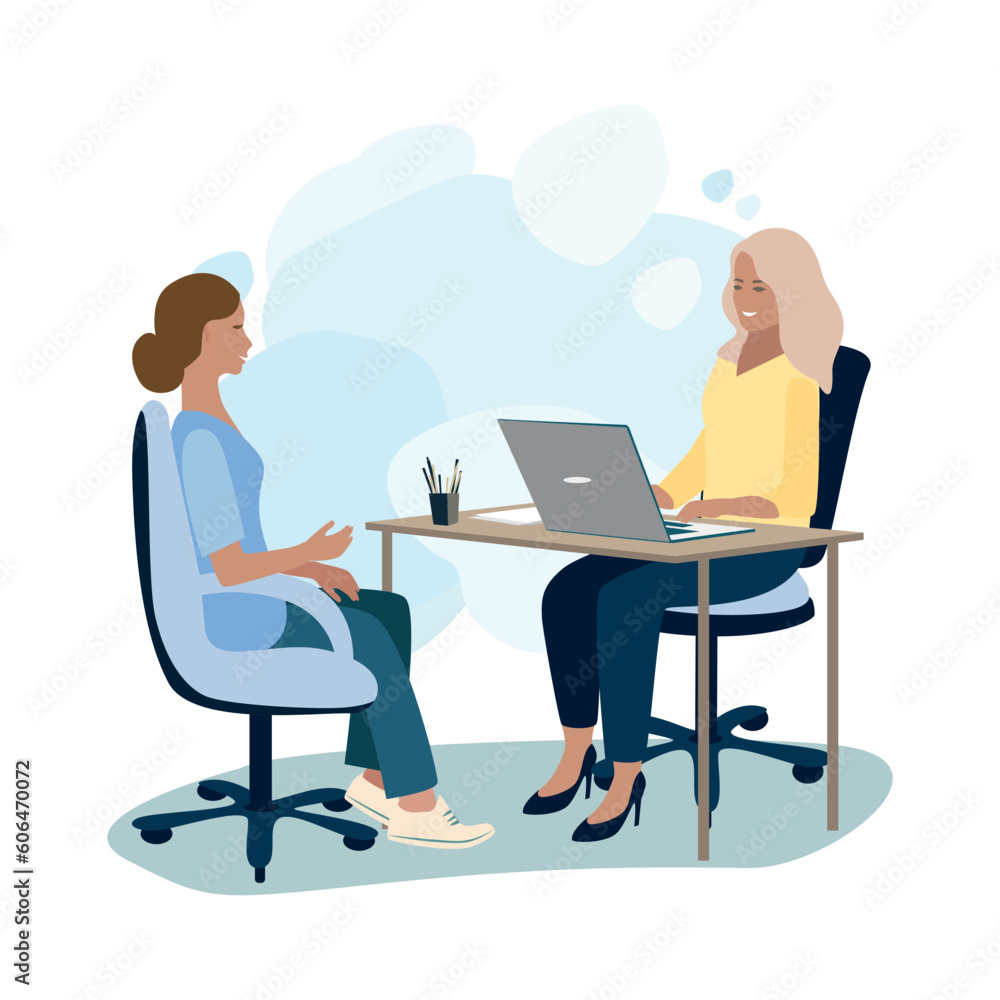 Job interview. HR manager talking to a woman in the office. Friendly employer and job seeker. Business vector illustration in flat style.