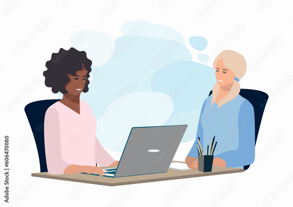 Job interview. HR manager talking to a woman in the office. Friendly employer and job seeker. Business vector illustration in flat style. Job interview. HR manager talking to a woman in the office. Friendly employer and job seeker. Business vector illustration in flat style.