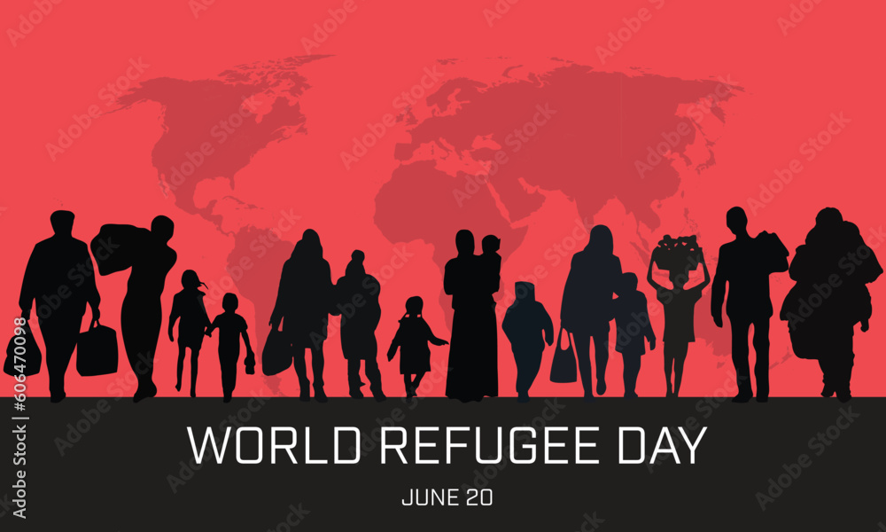 World Refugee Day design concept with black silhouette of people on red background.  Vector illustration - obrazy, fototapety, plakaty 