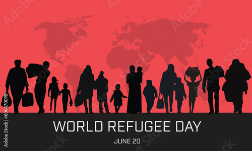 World Refugee Day design concept with black silhouette of people on red background.  Vector illustration