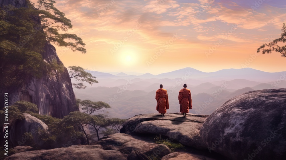 Two wise buddhist monks in orange robes admiring the landscape and beautiful view from the mountain. Concept of contemplation of own life. Karma, incarnation, spirituality. Generative AI.