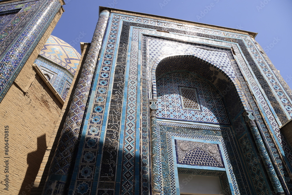 Mausoleum facade of the Shakhi Zinda necropolis in Samarkand, Uzbekistan