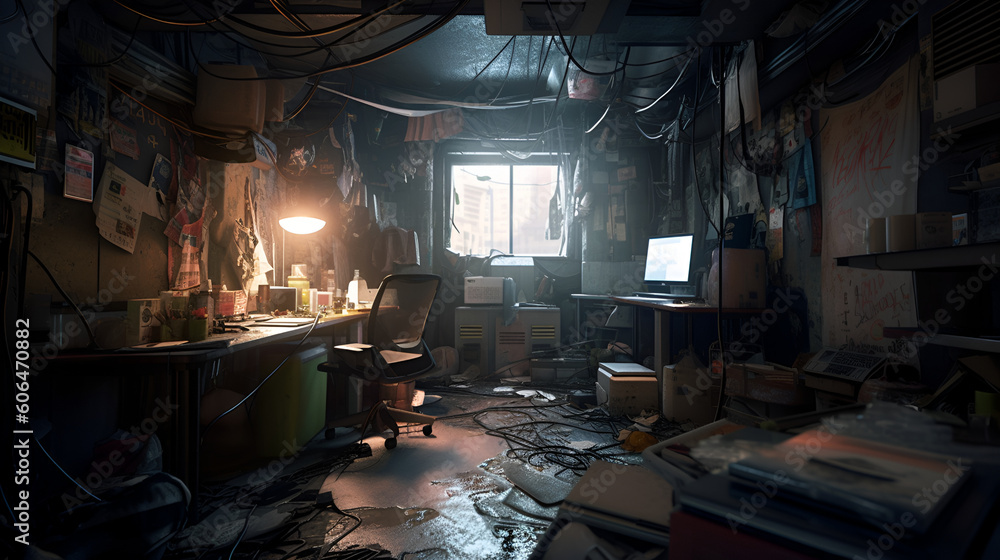 Dilapidated messy work room with tangled wires hanging from the roof and snaking on the floor, Generative AI