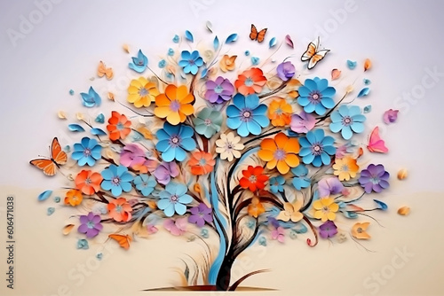 Colorful floral and butterfly mural on 3D tree background: Interior wall art, generative AI