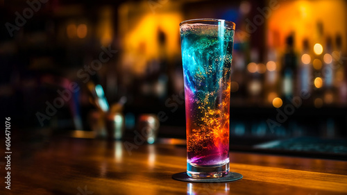 Bright cosmic cocktail in a tall glass on a bar top, with colorful turbulence, mixes realistic and fantastical elements, rainbowcore, dark orange and light blue. AI generated image Generative AI