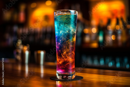 Bright cosmic cocktail in a tall glass on a bar top, with colorful turbulence, mixes realistic and fantastical elements, rainbowcore, dark orange and light blue. AI generated image Generative AI