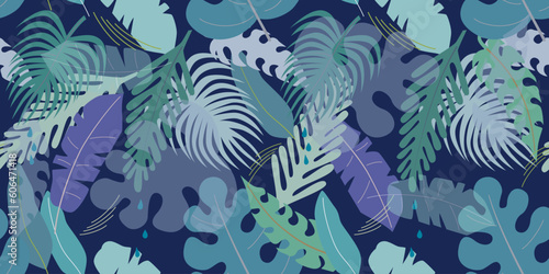 Modern seamless pattern with tropical leaves, dense jungle. Minimalistic botanical pattern, trendy colors. Vector background