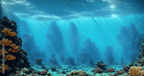 Сoral reef with ancient ruins in the sea, generative AI