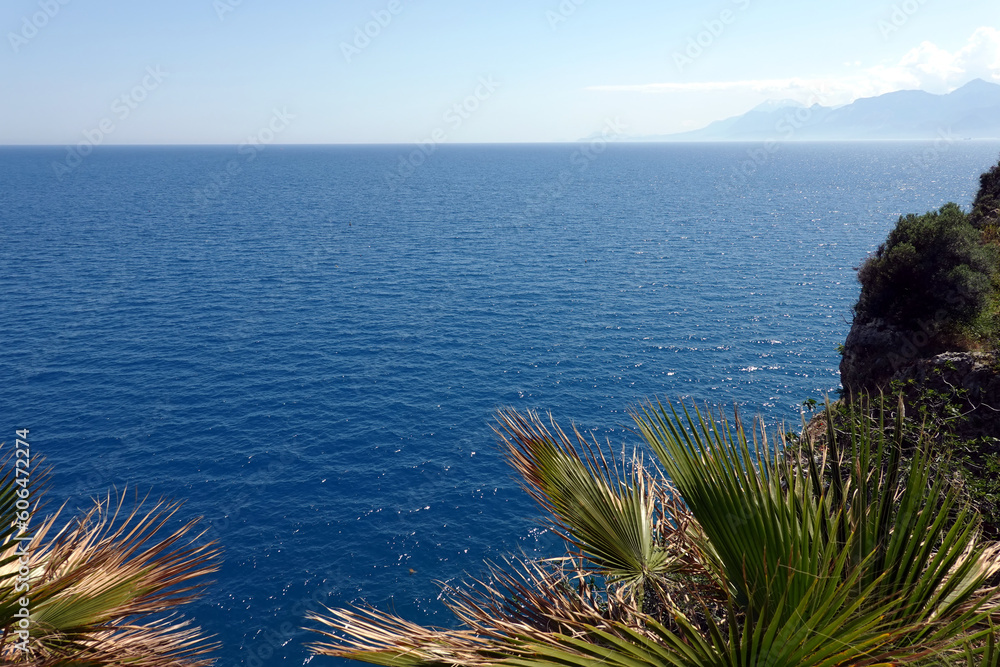 Φωτογραφία Rocky shore with south vegetation, calm sea and high mountains at far in haze in