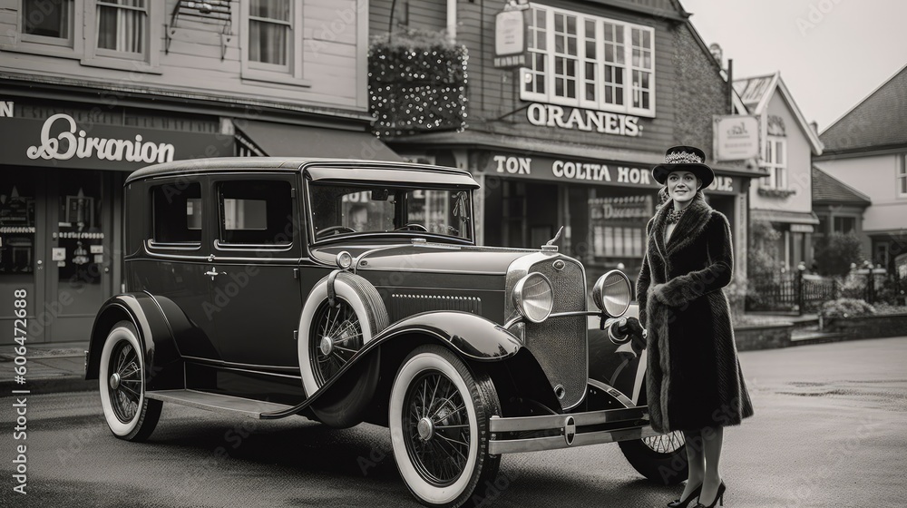 Woman in front of a vintage car in a street in the 1920's - Generative AI - obrazy, fototapety, plakaty 