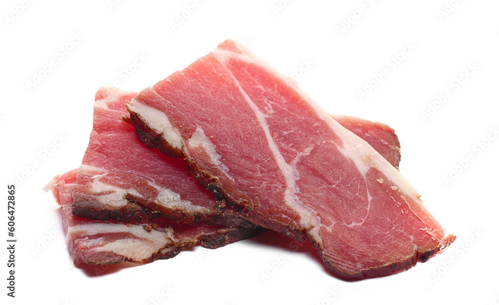 Smoked dry ham, slices pork chop isolated on white, side view Smoked dry ham, slices pork chop isolated on white, side view