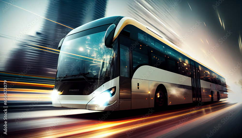 Super fast Bus automobile concept design with fire. Luxury speed race Bus automotive concept with flames. High speed modern Bus with motion blur background Ai generated image