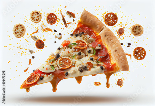 delicious pizza and flying ingredients on a white background, AI
