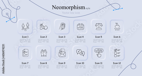 Elections icon set. Illustrations depicting various aspects of elections, including ballot boxes, voting booths, campaign symbols. Neomorphism style. Vector line icon for Business