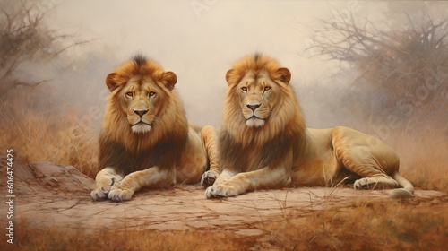 Beautiful lions in a pride  resting on a gravel path in the midst of grass and trees. Generative AI