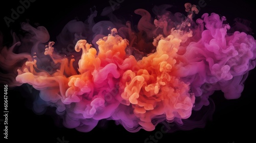 Bubbly pink and orange multicolored smoke puff cloud on black background. AI generative.