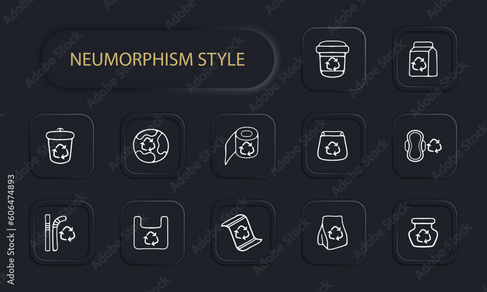 Set of recycling icons. Eco-friendly waste management symbols, recycling bins, sustainable practices. Green lifestyle concept. Neomorphism style. Vector line icon for Business Set of recycling icons. Eco-friendly waste management symbols, recycling bins, sustainable practices. Green lifestyle concept. Neomorphism style. Vector line icon for Business