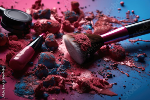 Abstract image of make up brush kit with smashed lipstick. Close up. AI generative.