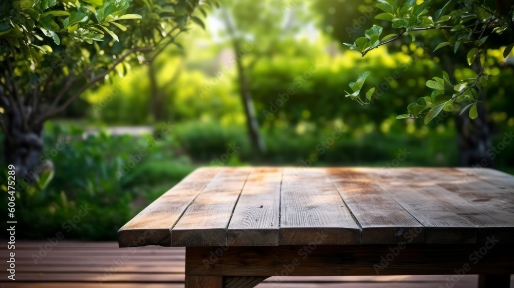 Empty wooden table in natural green garden outdoor. AI generative. Empty wooden table in natural green garden outdoor. AI generative.