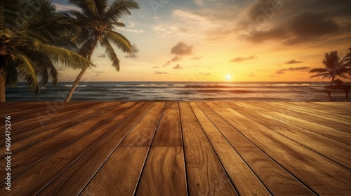 Empty wooden floor with tropical sunset beach background. AI generative.