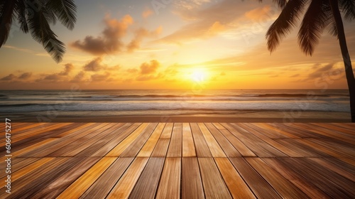Empty wooden floor with tropical sunset beach background. AI generative.