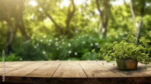 Empty wooden table in natural green garden outdoor. AI generative.