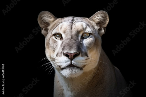 An AI generated illustration of a face of a cougar against a black background
