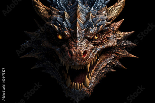 An AI generated illustration of a dragon's head against a black background. The dragon is known as a mythical creature from myths, sagas, legends and fairy tales of many cultures  until modern times © Soeren