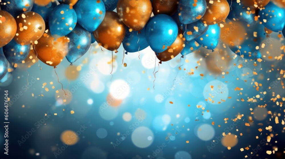 Realistic festive background with golden and blue ball. AI generative.