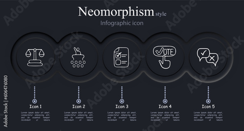 Set of voting icons. Symbols representing democratic process, elections, ballots. Participation concept. Neomorphism style. Vector line icon for Business
