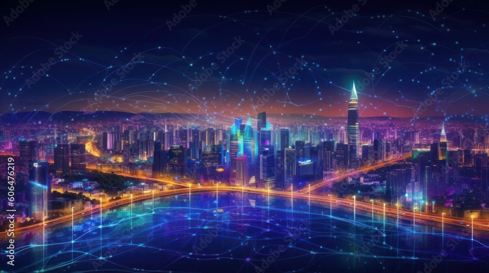 Smart city with big data connection technology concept. AI generative.