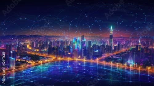 Smart city with big data connection technology concept. AI generative.