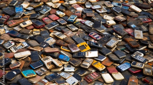 The heap of old waste mobile phone. AI generative.