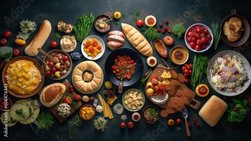 Top view of various foods as culinary concept. AI generative.