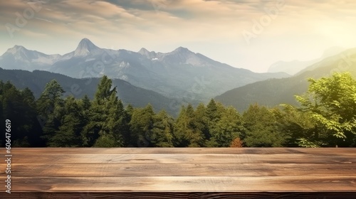 Wooden table background with landscape of mountains. AI generative. photo