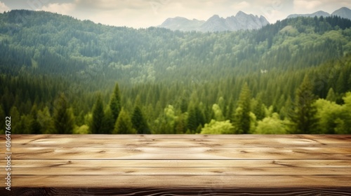 Wooden table background with landscape of mountains. AI generative.