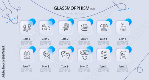 Set of voting icons. Symbolic representation of democratic process, elections, ballot. Civic engagement concept. Neomorphism style. Vector line icon for Business