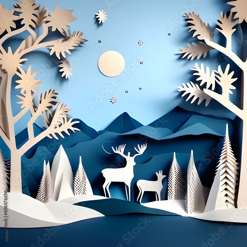 paper art landscape of Christmas and new year with tree and reindeer